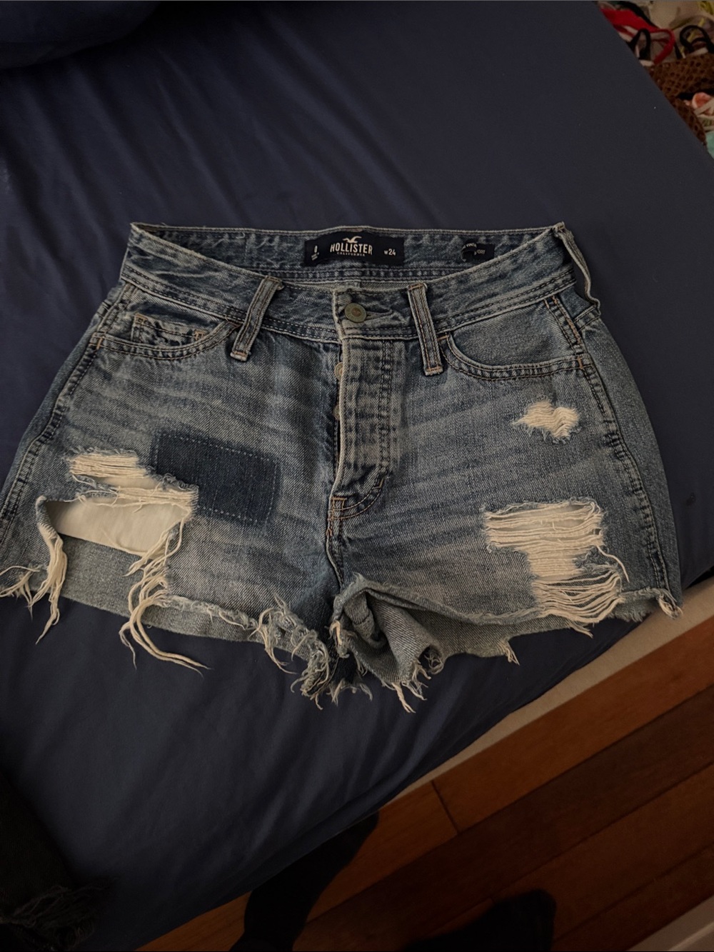 Hollister Women's Distressed Medium Blue Denim Cutoff Shorts